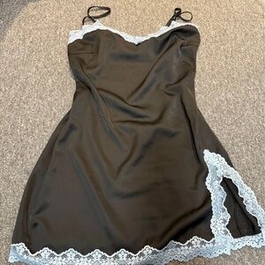 Black Satin Slip Dress with White Lace Trim - Women's Chemise